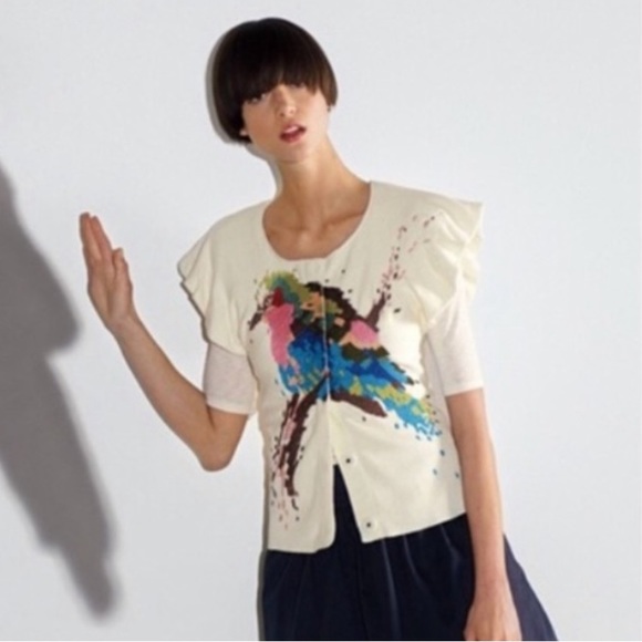 Anthropologie, Sleeping On Snow: Embroidery Short Sleeve Pionus Bird Cardigan—S - Picture 7 of 7